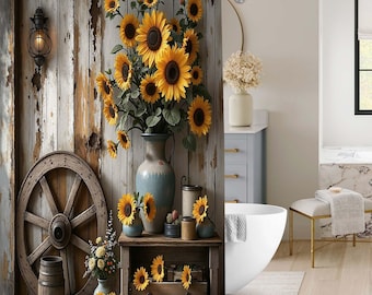 Rustic Wooden Plank Sunflower Shower Curtain, Vintage Wagon Wheel Lantern Farmhouse Floral Vase Bathroom Curtain, Country Barn Bath Decor.