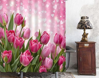 Pink Tulip Heart Bokeh Shower Curtain, Romantic Blush Gradient Floral Glowing Heart Background Bathroom Curtain, Sweet Valentine Bath Decor