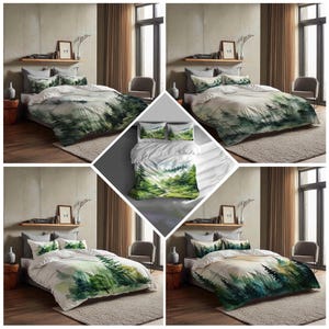 Weihnachtsgeschenk Grüner Kiefernwald Aquarell Bettbezug Drei Bettwäsche Set Personalisierte Name Geburtstag Bettwäsche Quilt Cover Halloween Geschenk.