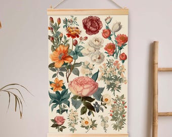French Flowers Hanging Canvas Art Flowers Canvas Hanging Wall Art Vintage Flowers Art Painting, Canvas Tapestry, Large Wall Hanging.