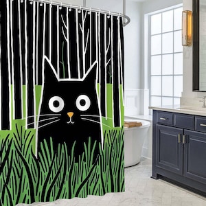 レトロで面白い黒猫のシャワーカーテン、花柄の黒猫の草のカーテン、ユニークなバスルームの装飾、新築祝いのギフト、かわいいバス装飾。