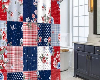 Patriotic Patchwork Quilt Shower Curtain, Floral Gingham Dot Star Mixed Pattern Bath Screen, Rustic American Cottage Bathroom Accessory.