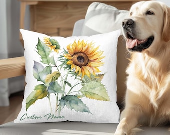 Custom Watercolor Sunflower Pillow, Sunflowers Throw Pillow Summer Pillow Covers, Yellow Pillow Floral Home Decor Mother's Day Gift.