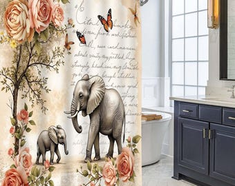Vintage Script Rose Elephant Shower Curtain, Elephant Butterfly Blush Floral Antique Paper Bathroom Curtain, Boho Rustic Bath Decor