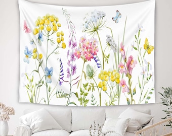 Tapiz floral de acuarela, tapiz botánico de flores silvestres, colgante de pared vintage, decoración de arte de pared, decoración de pared de estilo boho para el hogar.