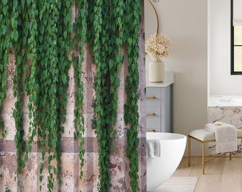 Vintage Weathered Brick Wall Ivy Shower Curtain, Rustic Distressed Stone Background Bathroom Curtain, Natural Cottage Bath Decor.