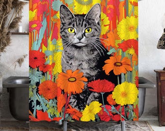 Curtain Cat Looking at Butterfly Shower Curtain Black Cat Shower in Flowers Funny Cat Art Shower Curtain Bathroom Decoration Supplies.