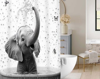 Cute Bathtub Baby Elephant Shower Curtain, Monochrome Water Splash Butterfly Animal Bath Screen, Funny Modern Bathroom Accessory.