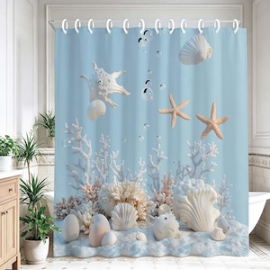 Coastal Ocean Shower Curtain,Blue Underwater Seashell Starfish Coral Reef Fabric Shower Curtain for Bathroom,Beach Themed Bathroom Curtain.