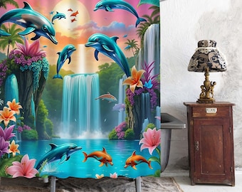 Tropical Waterfall Dolphin Shower Curtain, Sunset Jungle Palm Lily Floral Ocean Fantasy Landscape Bathroom Curtain, Vibrant Beach Bath Decor
