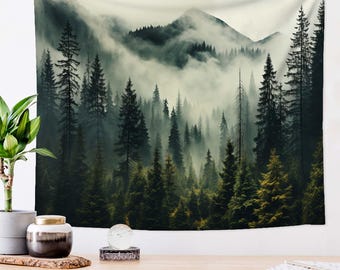 Tapiz de pino, tapiz de bosque brumoso, tapiz de naturaleza, arte de pared para sala de estar, tapiz de pared grande, tapiz de decoración del hogar