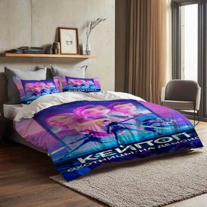 May include: A bed set with a duvet cover and two pillowcases. The bedding features a vivid, colourful design with a group of people in a futuristic setting. The text "K-ИМПОП ОХОТНИЦЫ НА ДЕМОНО" is displayed on the duvet cover.