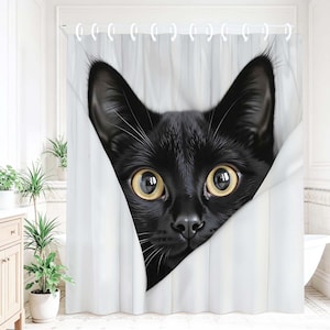 Peeking Black Cat Shower Curtain,Funny 3D Cat Peeking Out From White Curtain Print Waterproof Polyester Cute Pet Bathroom Decor Curtain.