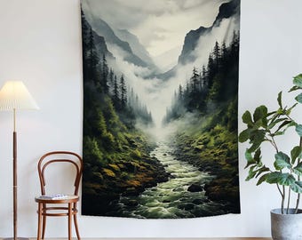 Misty Forest Landscape Wall Art Nature Aesthetic Mountain Wall Tapestry Wilderness Wall Hanging Gift Home Decor Bedroom Dorm Gift.
