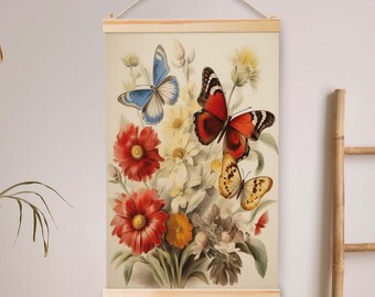 Retro Butterflies and Wildflowers Hanging Canvas Art Nature Painting Vintage Wall Art Canvas Wall Art Farmhouse Decor Tapestry Wall.