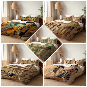 May include: A collection of Egyptian-themed bedding sets, including duvet covers and pillowcases. The designs feature pharaohs, hieroglyphs, and ancient Egyptian art in gold, blue, and brown. The bedding is displayed on wooden bed frames, showcasing the intricate patterns.