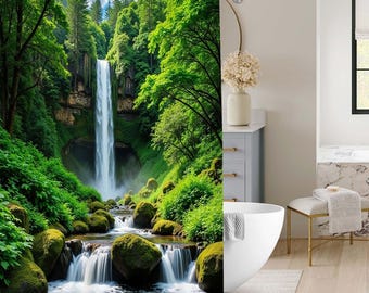 Nature Jungle Waterfall Stream Shower Curtain, Vibrant Moss Stone Green Tree Scenery Bath Screen, Relaxing Wilderness Bathroom Accessory.