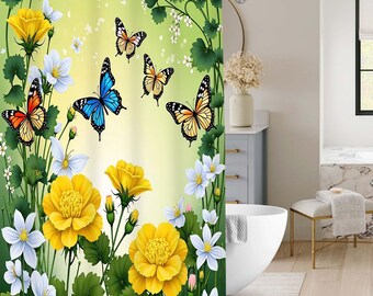 Spring Floral Butterfly Shower Curtain, Vivid Yellow Flower Vine Pale Green Background Bath Screen, Fresh Garden Style Bathroom Accessory.