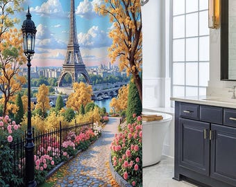 Autumn Paris Eiffel Tower Shower Curtain, Floral Cobblestone Street Vintage Lamp French City Bathroom Decor, Romantic Bath Curtain Gift.