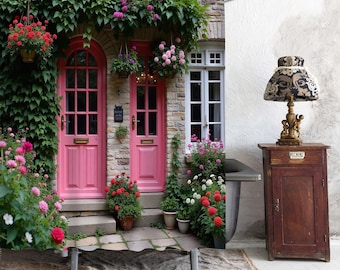 Lush Vine Garden Facade Shower Curtain, Vintage Stone Cottage Pink Double Door Assorted Potted Blooms Bath Screen, Cozy Rural Bathroom Decor