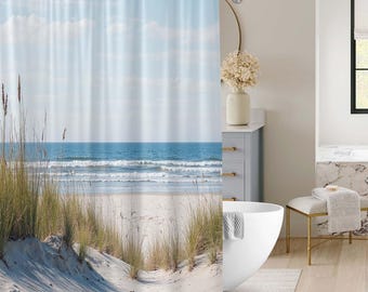 Pale Ocean Sand Dune Grass Shower Curtain, Seaside Beach Wave Landscape Bath Screen, Calm Minimal Coastal Bathroom Accessory.
