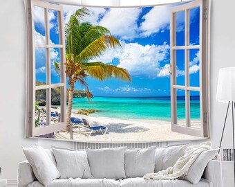 Tapestry With Open Window Beach and Trees Seen from the Window Tapestry Mediterranean Tapestry Home Decoration Tapestry.