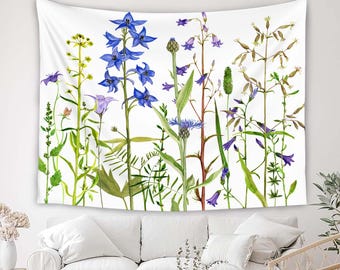 Tapiz floral de acuarela, tapiz botánico de flores silvestres, colgante de pared vintage, decoración de arte de pared, decoración de pared de estilo boho para el hogar.