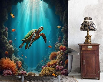 Underwater Sea Turtle Coral Reef Shower Curtain, Tropical Fish Ocean Cave Seabed Landscape Bathroom Curtain, Vibrant Nautical Bath Decor.