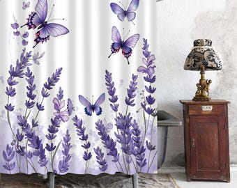Watercolor Purple Lavender Butterfly Shower Curtain, Tall Floral Stem White Background Bathroom Curtain, Soft French Country Bath Decor.