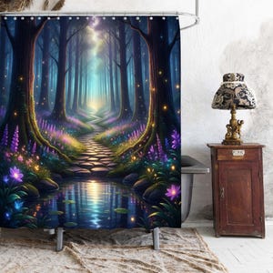 May include: A shower curtain featuring a fantasy forest scene. The design showcases a path leading through a vibrant forest with tall trees, glowing lights, and a reflective pool. The color palette includes blues, purples, and greens.