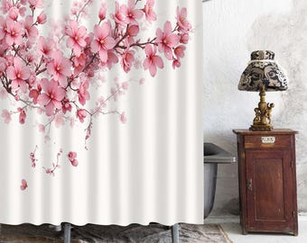Watercolor Pink Cherry Blossom Branch Shower Curtain, Falling Sakura Floral White Background Bathroom Curtain, Gentle Cottage Bath Decor
