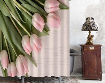 Soft Pink Tulip Floral Shower Curtain, Large Realistic Flower Green Leaf Print Bathroom Curtain, Gentle Neutral Cottage Bath Decor.