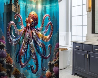 Underwater Castle Shower Curtain, Iridescent Giant Octopus Colorful Coral Reef Bath Partition, Dreamy Ocean Fantasy Bath Wall Decor.