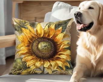 Custom Watercolor Sunflower Pillow, Sunflowers Throw Pillow Summer Pillow Covers, Yellow Pillow Floral Home Decor Mother's Day Gift.
