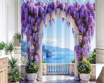 Wisteria Stone Arch Ocean View Shower Curtain, Seaside Terrace Floral Mountain Bathroom Decor, Coastal Garden Bath Curtain Gift.