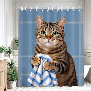 May include: A shower curtain featuring a brown tabby cat with green eyes holding a white and blue striped towel. The background of the curtain displays a light blue tiled pattern with white grout lines and white plastic hanging rings at the top.