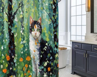 Shower Curtain Oil Painting Style Cat Shower Curtain Black Cat Shower in Flowers Funny Cat Art Shower Curtain Bathroom Decoration Supplies.