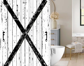 Rustic Weathered Wood Plank Shower Curtain, Black Cross Barn Door Vintage Print Bath Screen, Simple Farmhouse Bathroom Accessory.
