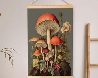 Vintage Retro Mushrooms Illustrations Hanging Canvas Art Nature Painting Vintage Wall Art Canvas Wall Art Farmhouse Decor Tapestry Wall.