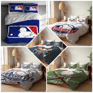 May include: Baseball-themed bedding sets in various designs. The sets feature baseballs, bats, and logos in blue, red, white, and green. The sets include duvet covers and pillowcases, perfect for a sports fan's bedroom decor.
