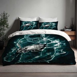 May include: A bedding set featuring a teal and white design with the Philadelphia Eagles logo and a football helmet. The set includes a duvet cover and two pillowcases. The design has a lightning bolt effect.