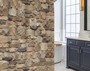 Rustic Stone Wall Shower Curtain, Natural Stacked Rock Brick Texture Neutral Earth Tone Bathroom Curtain, Industrial Farmhouse Bath Decor.