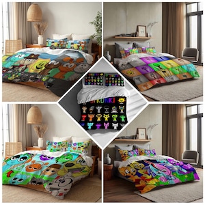 May include: A collection of colorful cartoon-themed bedding sets, including duvet covers and pillowcases. The designs feature various characters and patterns in vibrant colors. The word "TRUNKI" is visible on one of the sets.