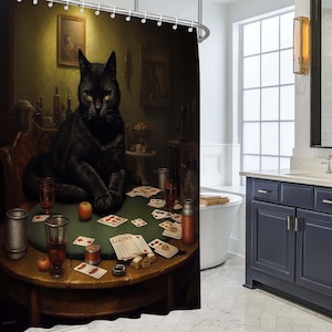 Rideau de douche personnalisé avec chats du milieu du siècle, cartes à jouer, décoration de salle de bain pour chat, décoration de salle de bain, cadeau de pendaison de crémaillère, cadeau de mariage unique.