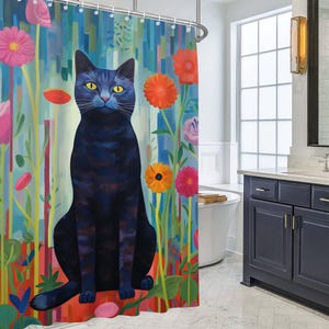 ミッドセンチュリーモダンレトロシャワーカーテン、面白い黒猫シャワーカーテン、猫をテーマにしたバスルームの装飾。