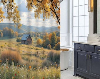 Autumn Meadow Farmhouse Shower Curtain, Golden Fall Tree Wildflower Mountain Country Bathroom Decor, Warm Rural Scenery Bath Curtain Gift.