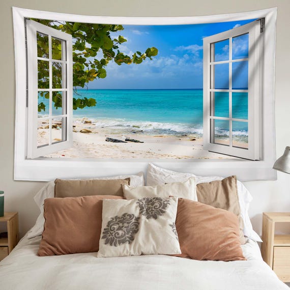 Tapestry With Open Window Beach and Trees Seen From the Window
