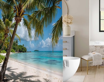 Tropical Palm Tree Beach Shower Curtain, Turquoise Ocean White Sand Coast Landscape Bathroom Curtain, Summer Coastal Bath Decor.