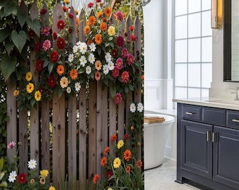 Rustic Wooden Picket Fence Wildflower Shower Curtain, Colorful Daisy Floral Garden Greenery Bathroom Curtain, Country Cottage Bath Decor.