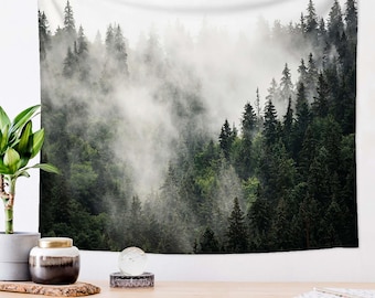 Tapiz de pino, tapiz de bosque brumoso, tapiz de naturaleza, arte de pared para sala de estar, tapiz de pared grande, tapiz de decoración del hogar